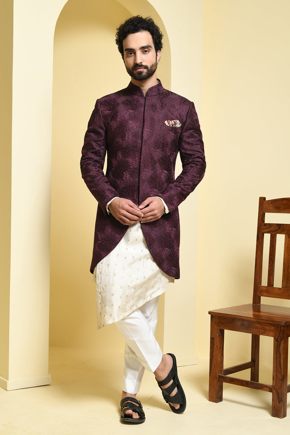 Wine Indowestern with Asymmetrical Kurta Pants