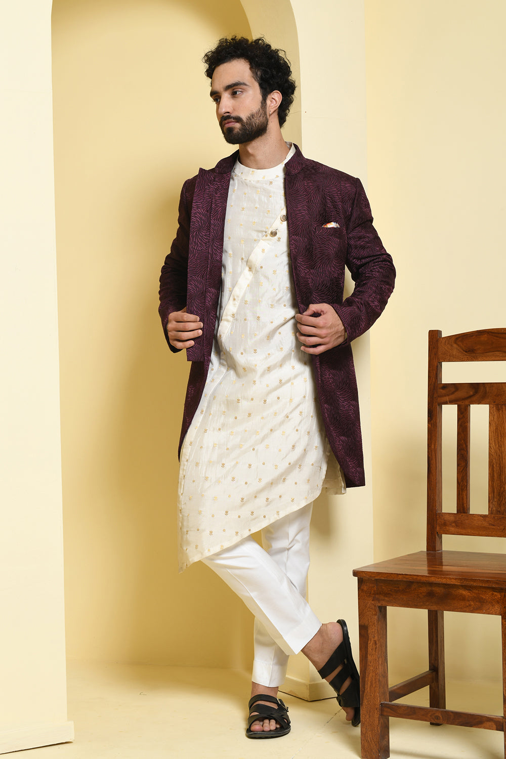Wine Indowestern with Asymmetrical Kurta Pants