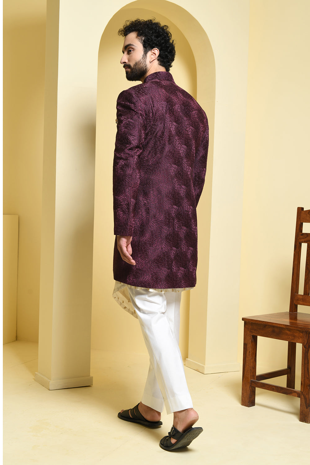Wine Indowestern with Asymmetrical Kurta Pants