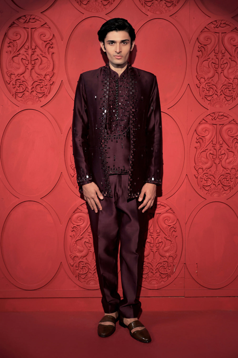 Wine Mirror Work Jacket Set