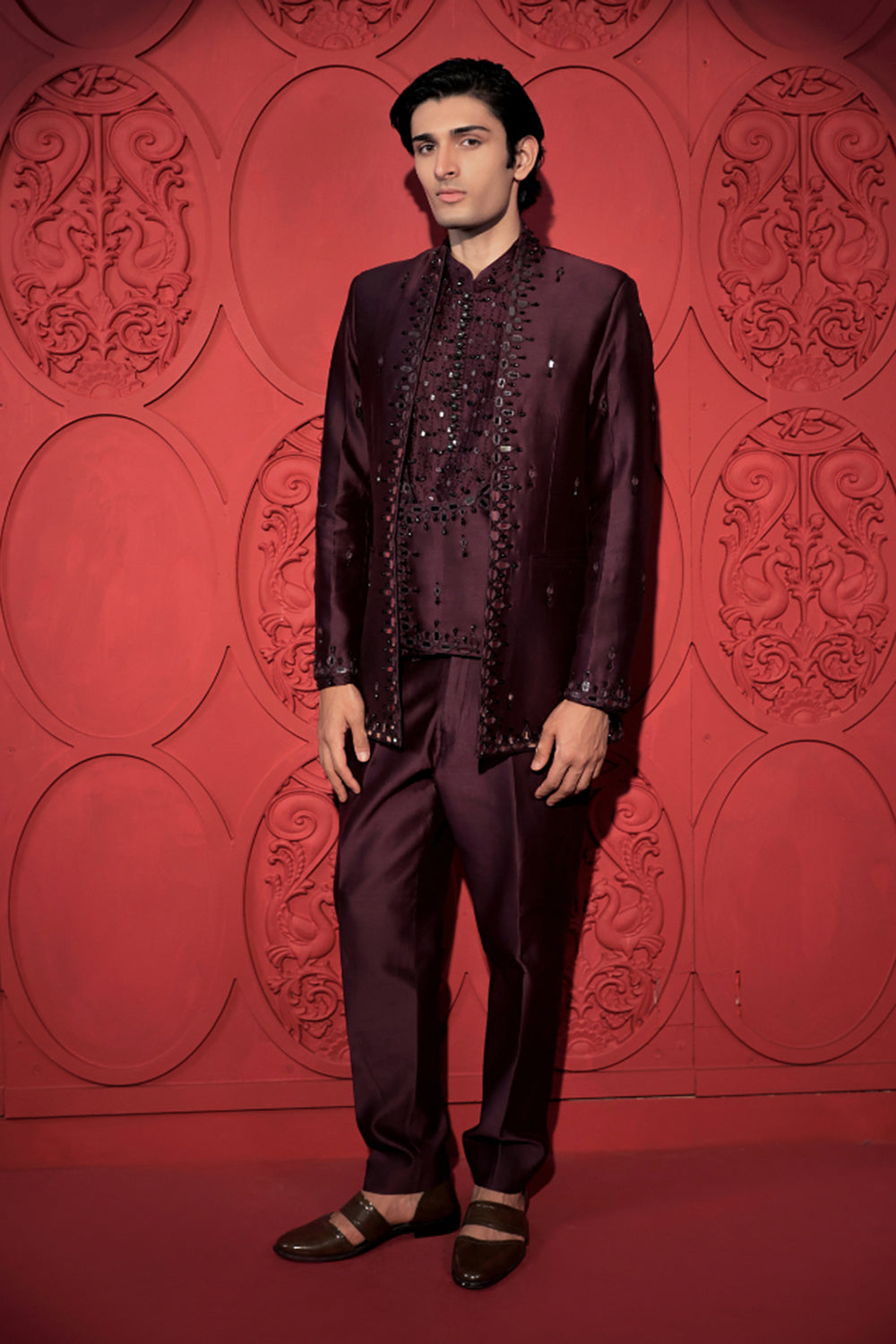 Wine Mirror Work Jacket Set