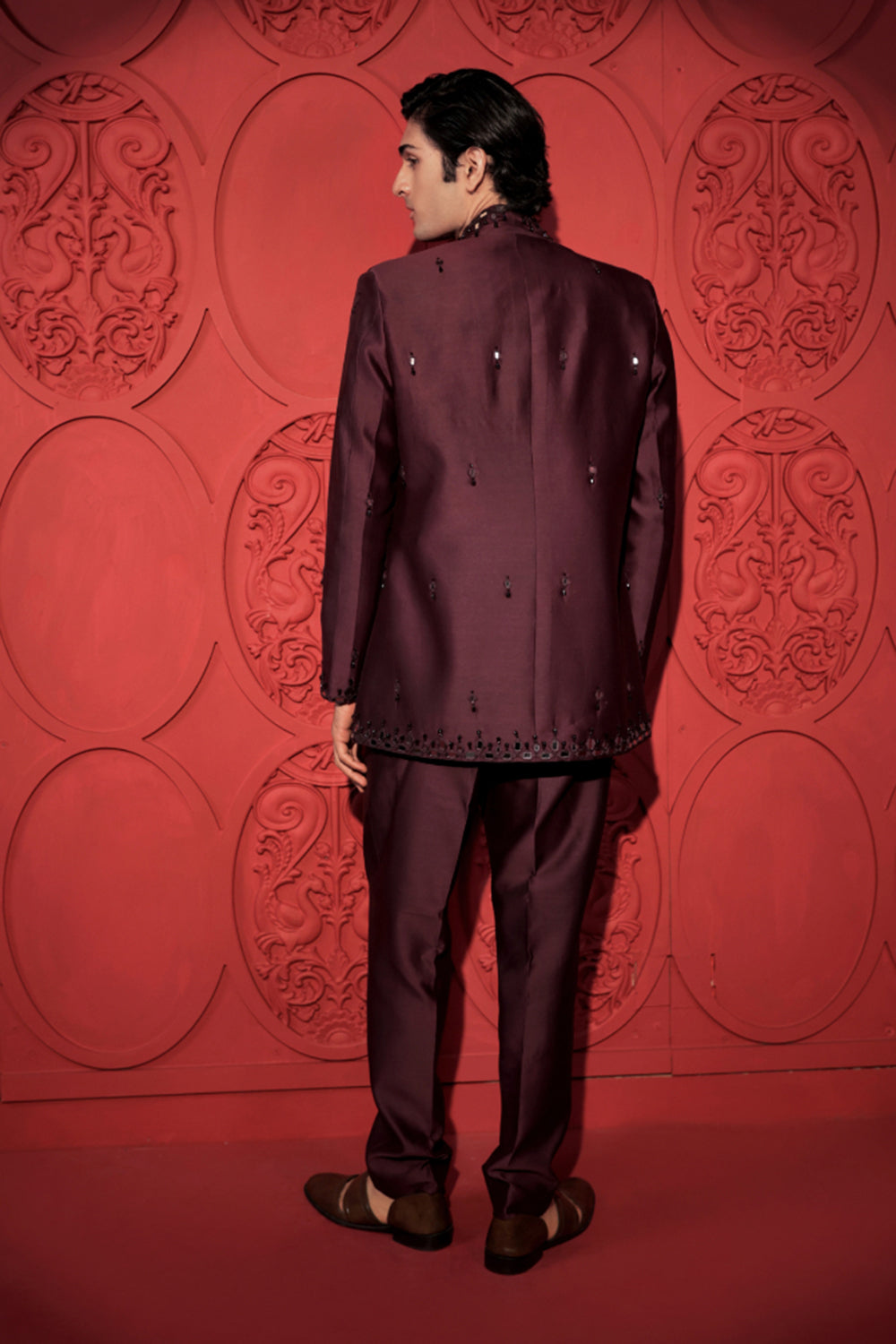 Wine Mirror Work Jacket Set