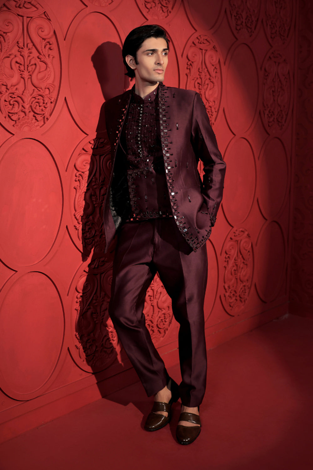 Wine Mirror Work Jacket Set