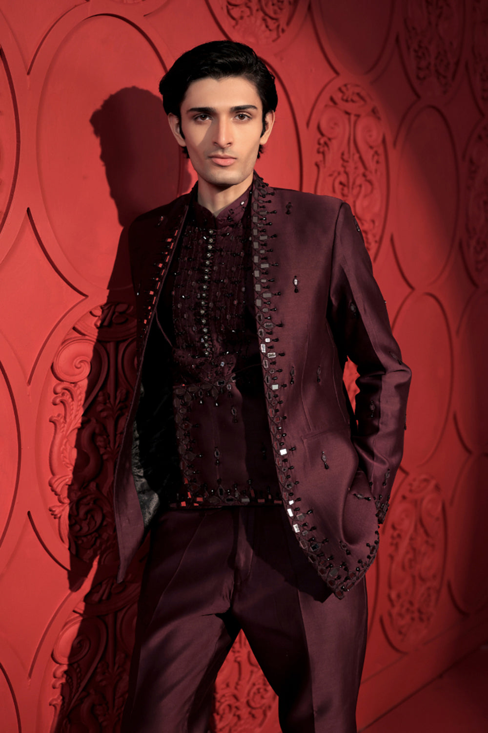 Wine Mirror Work Jacket Set