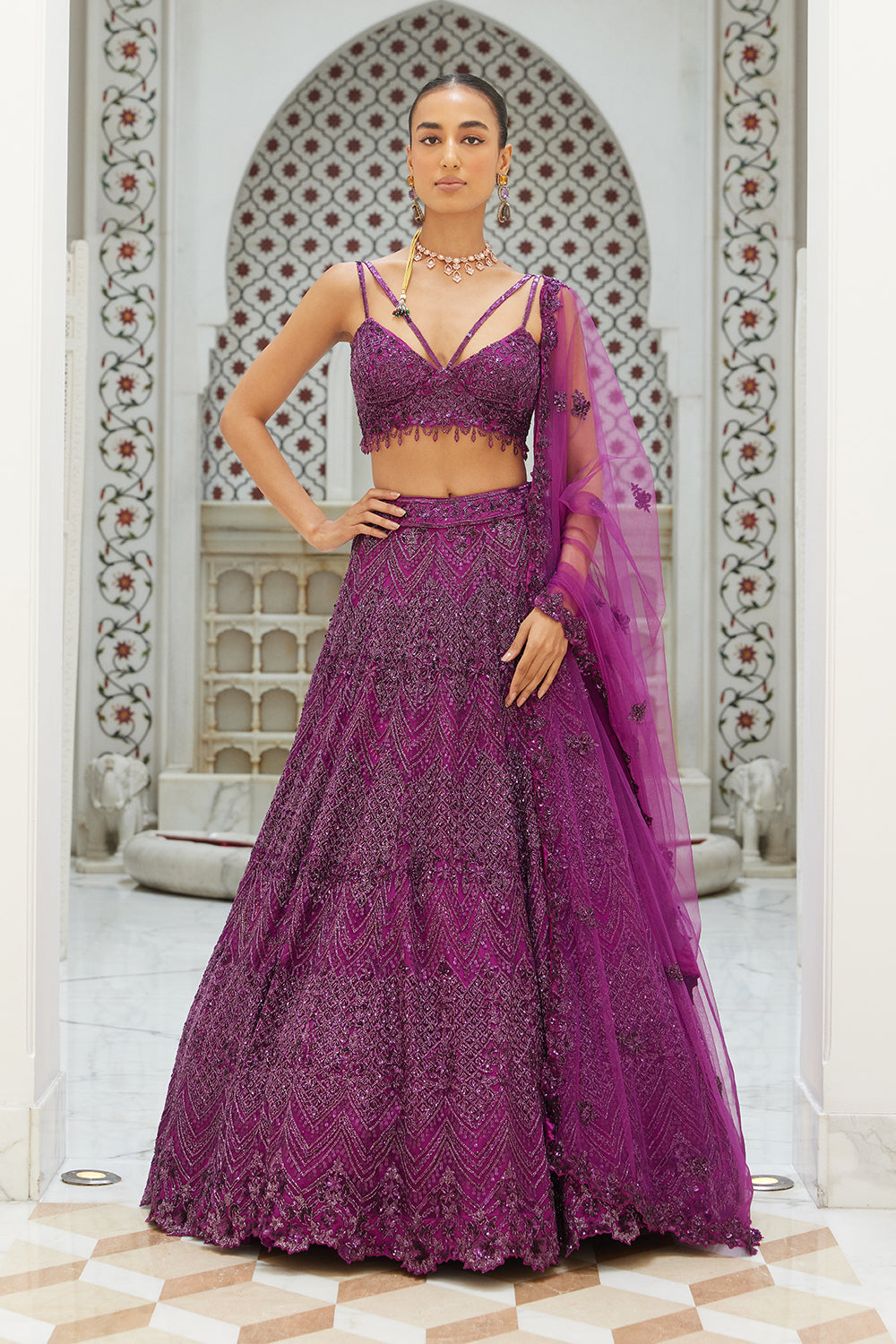 Wine Net Lehenga Choli and Dupatta Set
