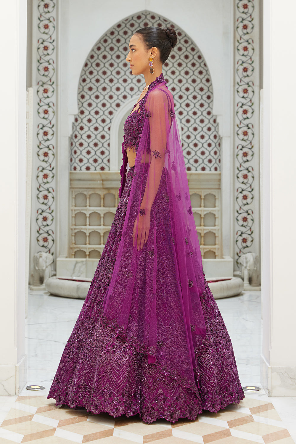 Wine Net Lehenga Choli and Dupatta Set