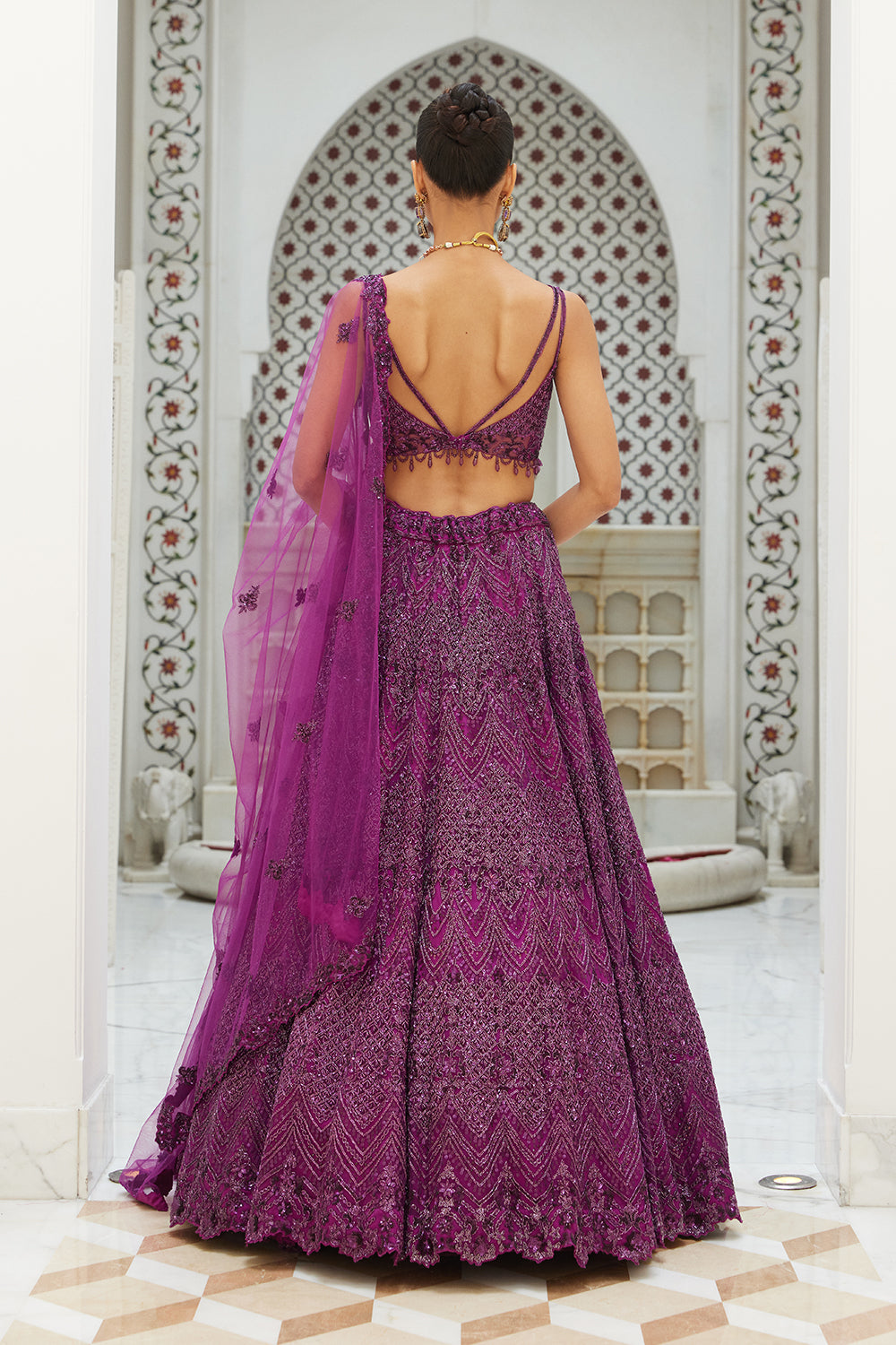 Wine Net Lehenga Choli and Dupatta Set