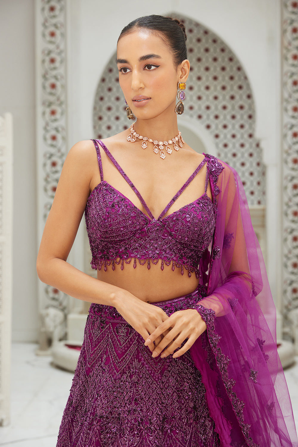 Wine Net Lehenga Choli and Dupatta Set