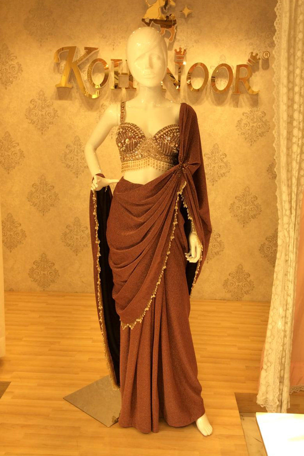 Wine Pre-Draped Saree with Hand-Embellished Bustier