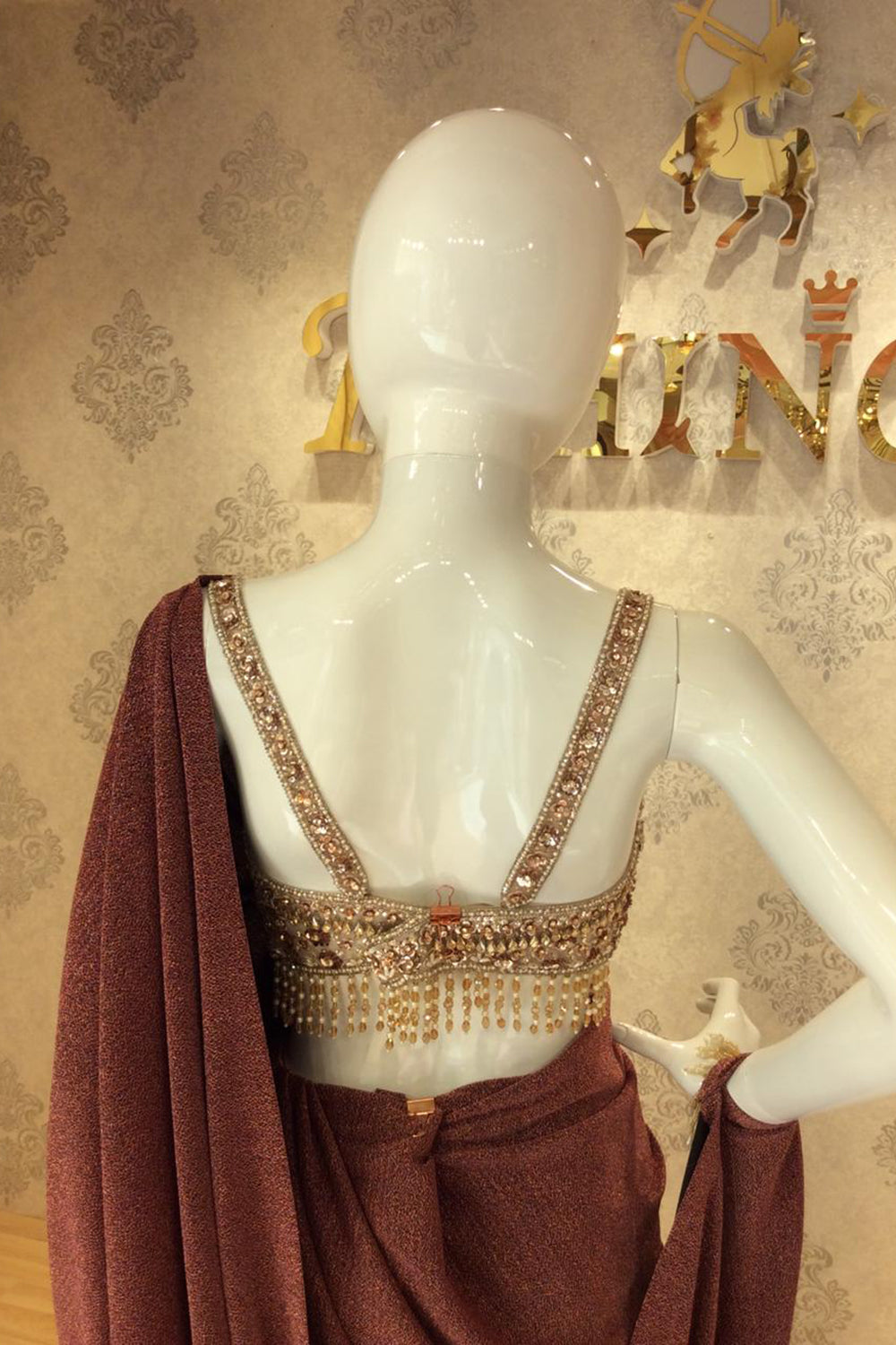 Wine Pre-Draped Saree with Hand-Embellished Bustier