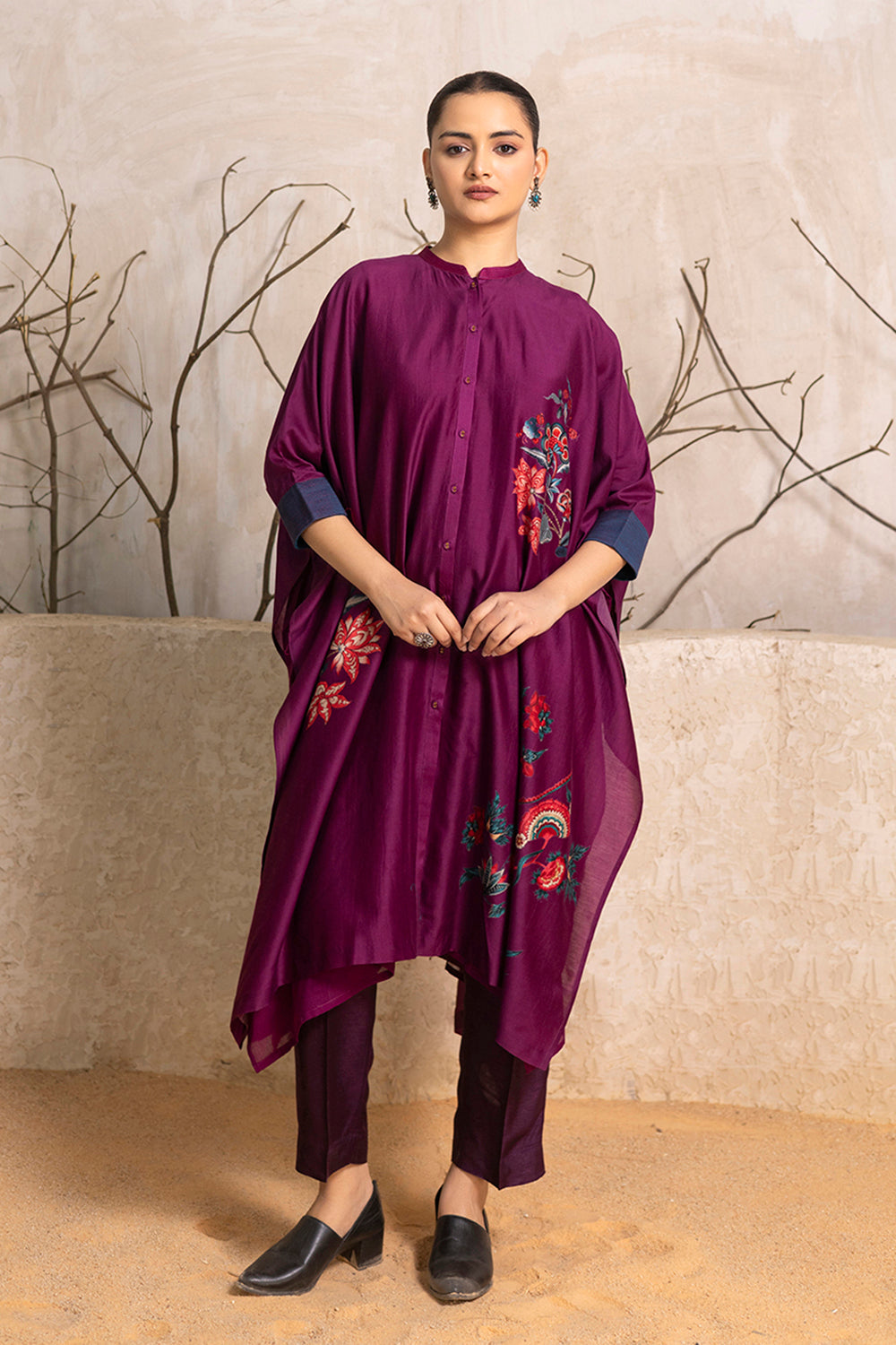 Wine Silk Chanderi Printed Kaftan Style Dress