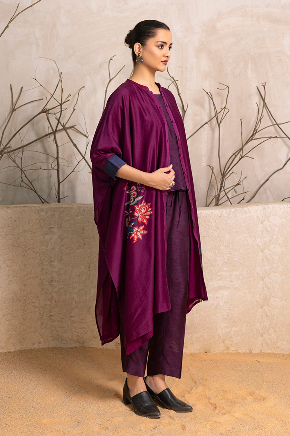 Wine Silk Chanderi Printed Kaftan Style Dress