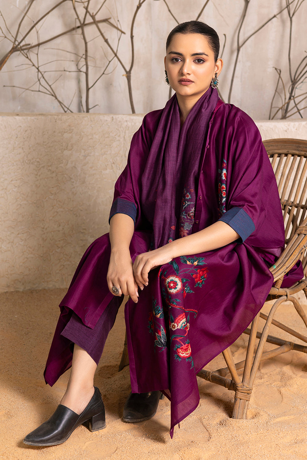 Wine Silk Chanderi Printed Kaftan Style Dress