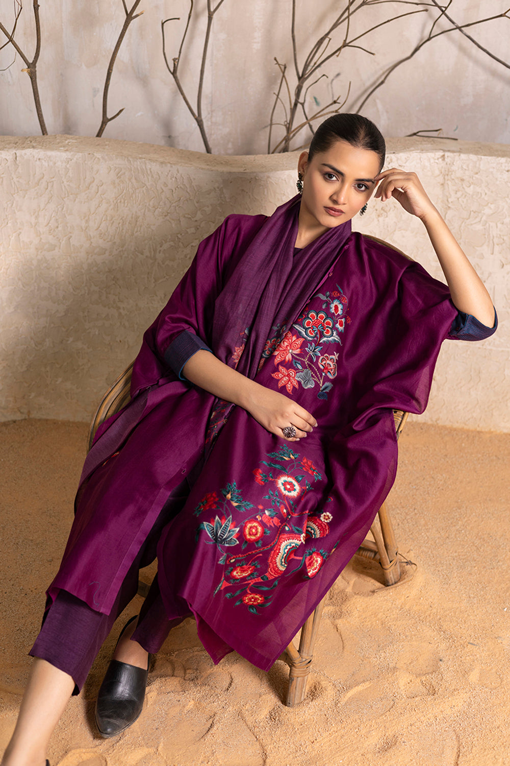 Wine Silk Chanderi Printed Kaftan Style Dress