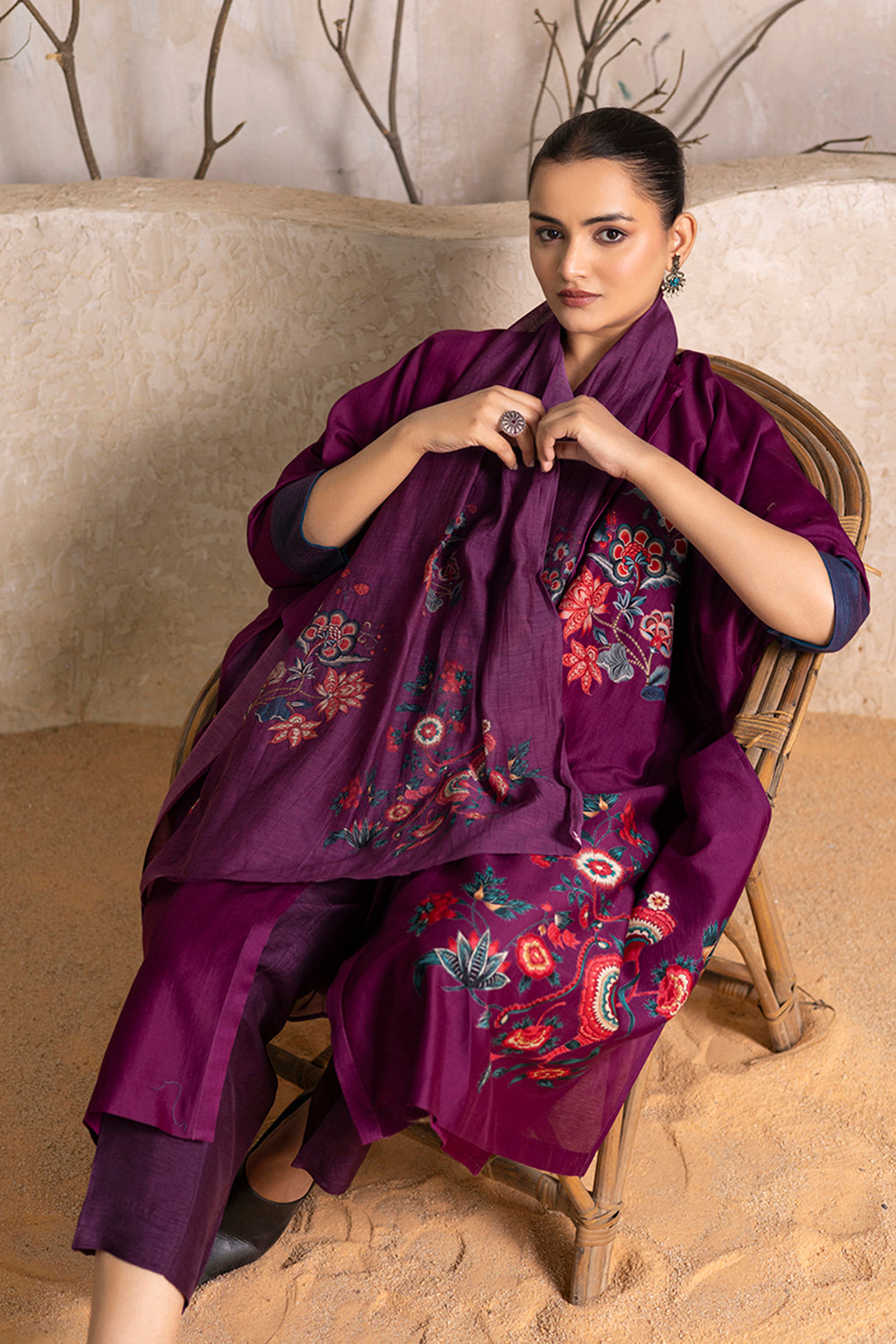 Wine Silk Chanderi Printed Kaftan Style Dress
