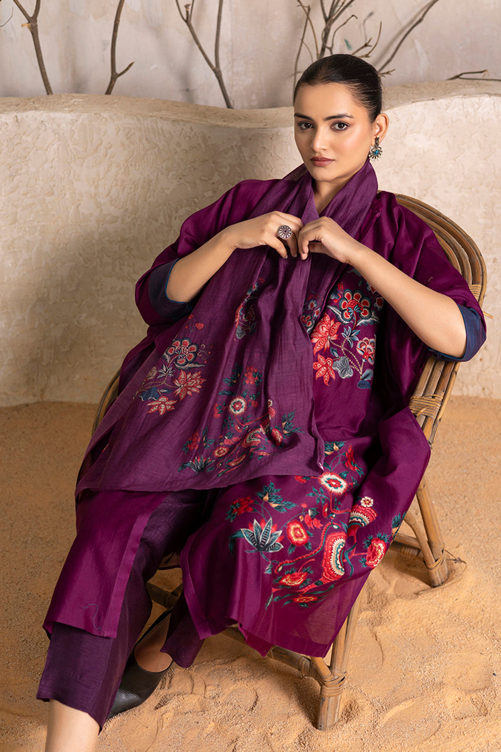 Wine Silk Chanderi Printed Stole