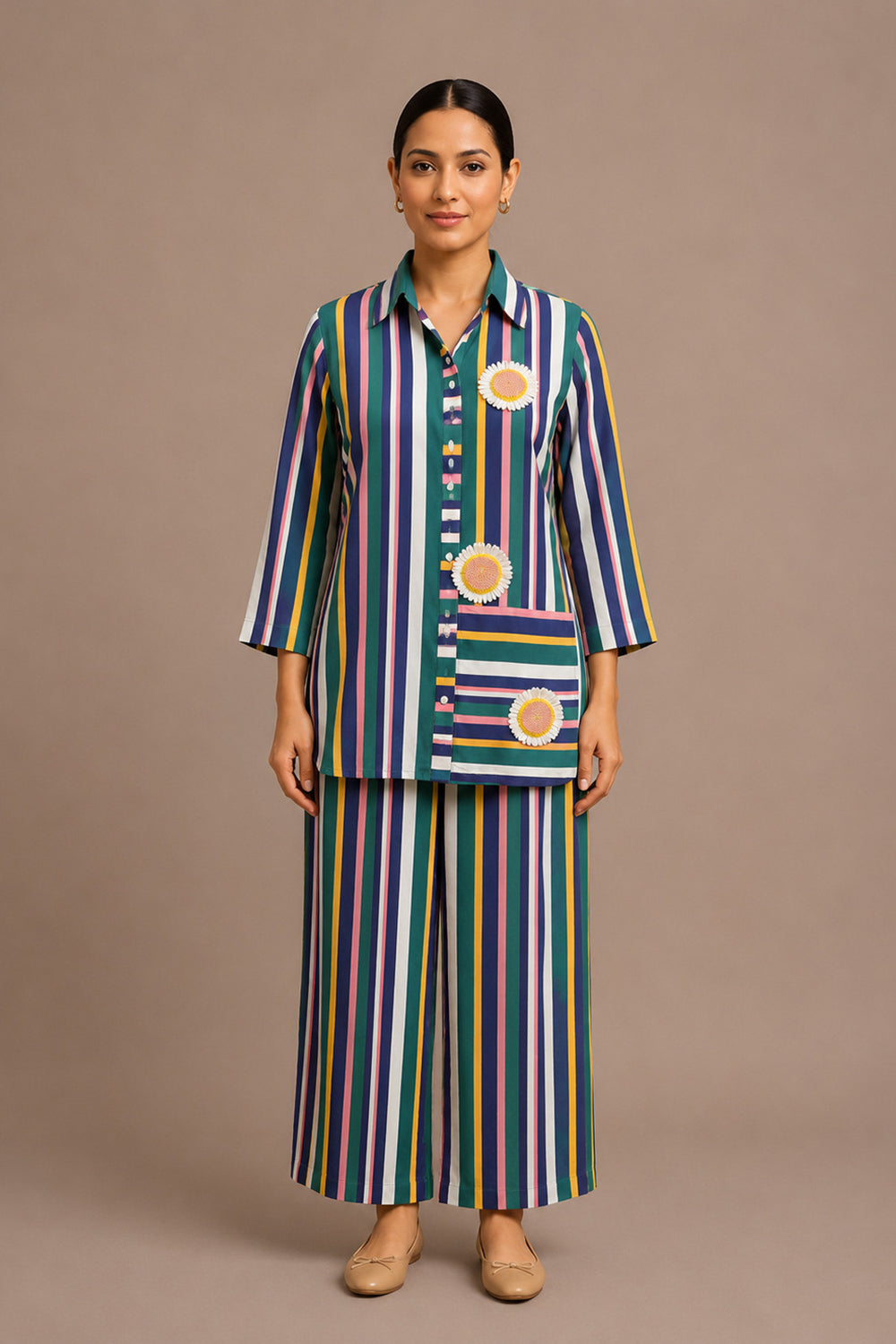 Women's Vertical Stripe Matching Shirt & Wide-Leg Pants Set