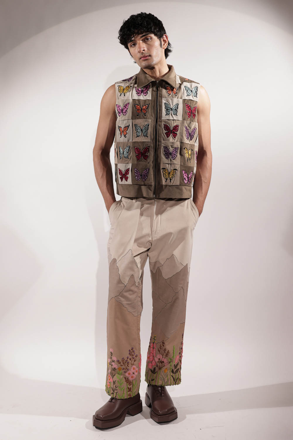 Woven Sleeveless Jacket with embroidered butterflies