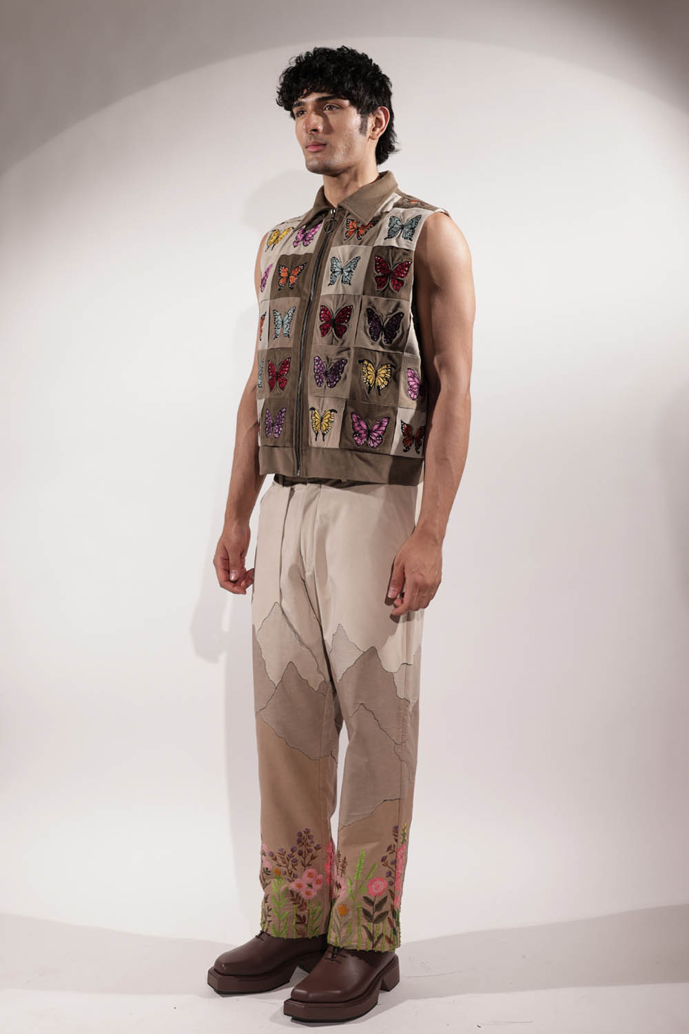 Woven Sleeveless Jacket with embroidered butterflies