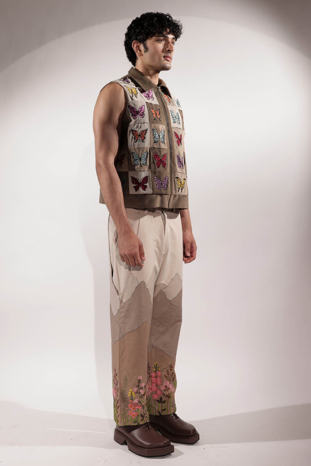 Woven Sleeveless Jacket with embroidered butterflies