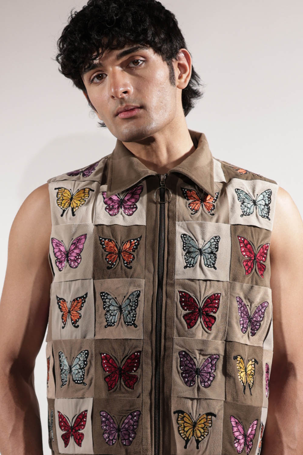 Woven Sleeveless Jacket with embroidered butterflies