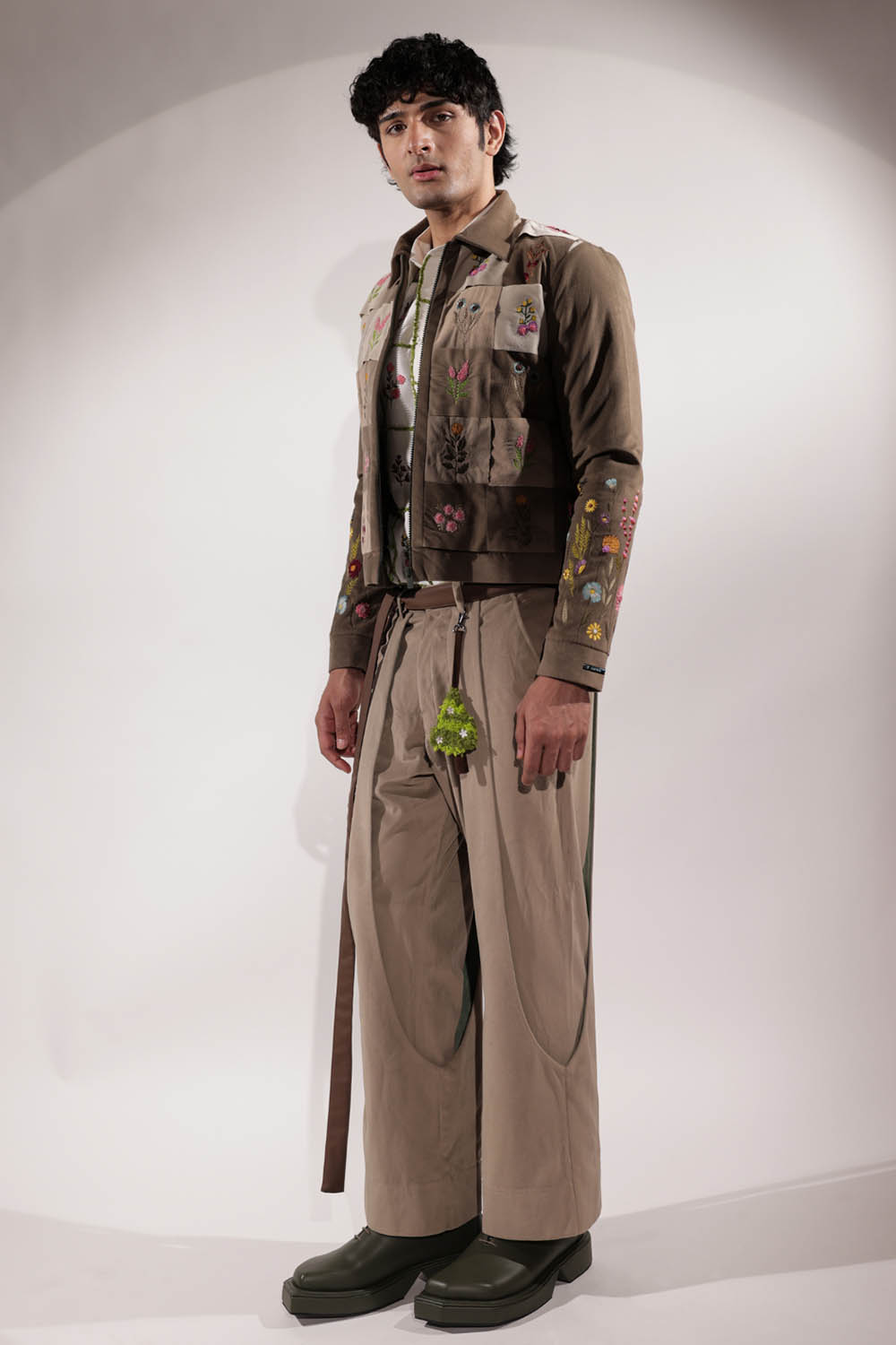 Woven Suede jacket with stamp-inspired floral embroidery