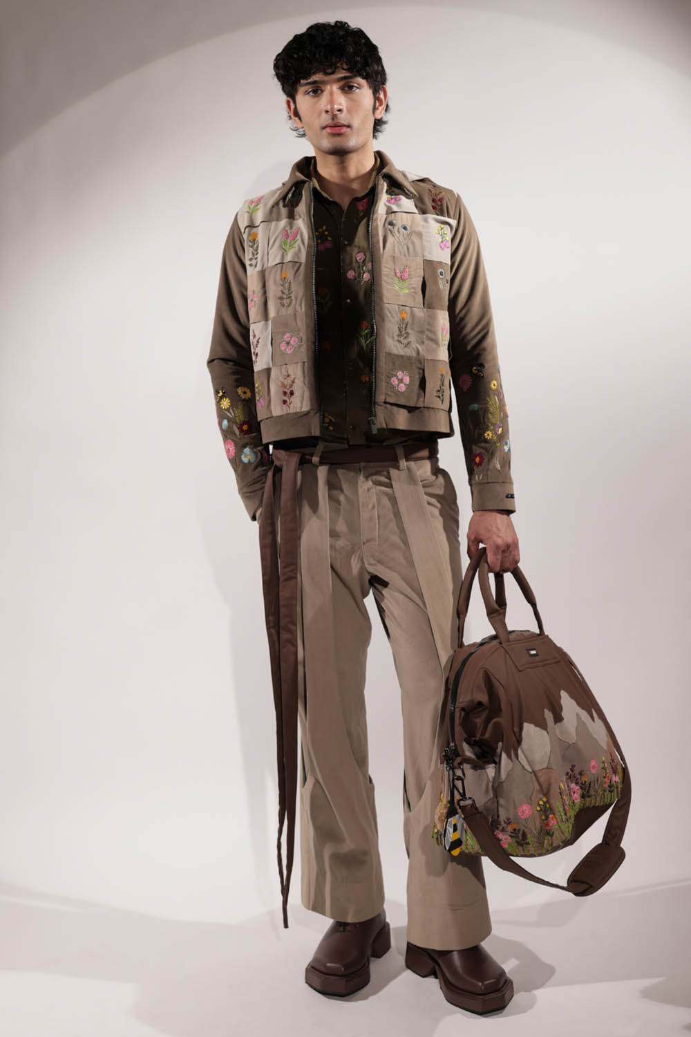 Woven Suede jacket with stamp-inspired floral embroidery