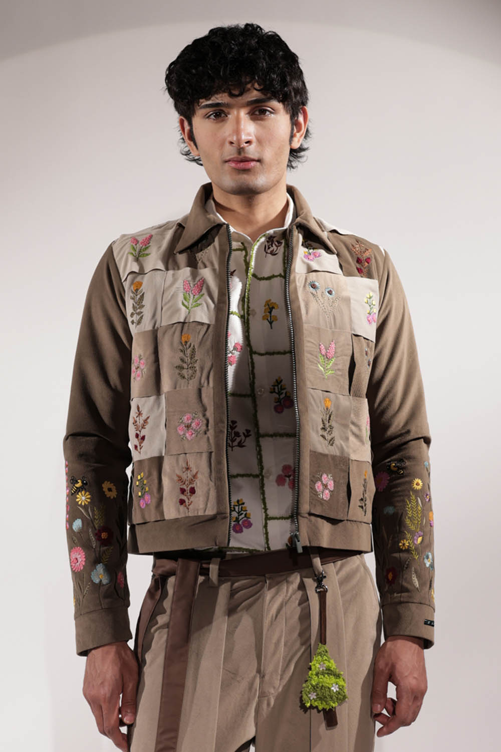 Woven Suede jacket with stamp-inspired floral embroidery