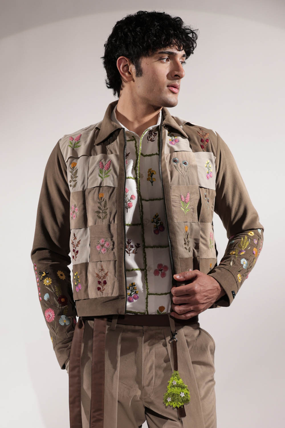 Woven Suede jacket with stamp-inspired floral embroidery
