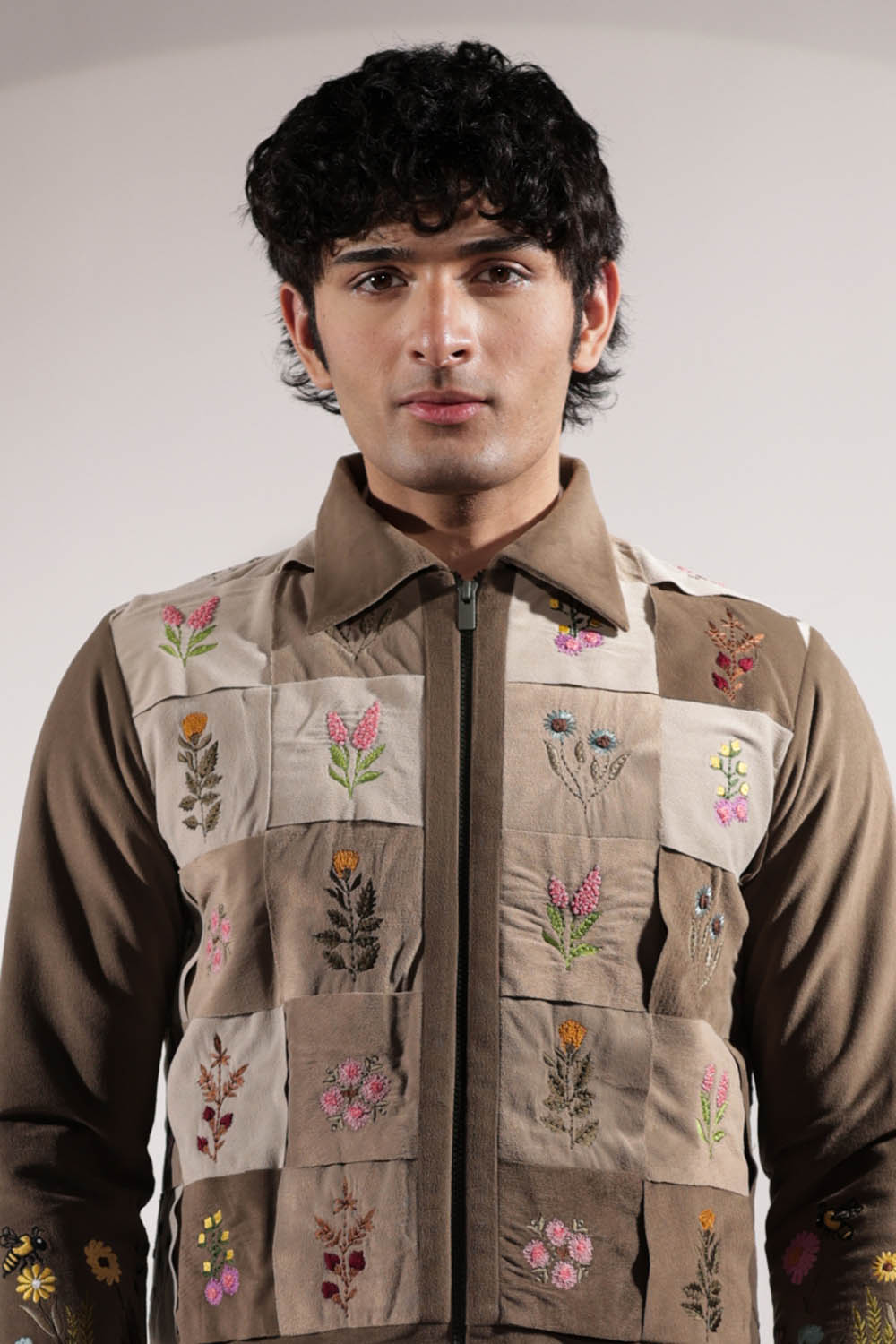 Woven Suede jacket with stamp-inspired floral embroidery