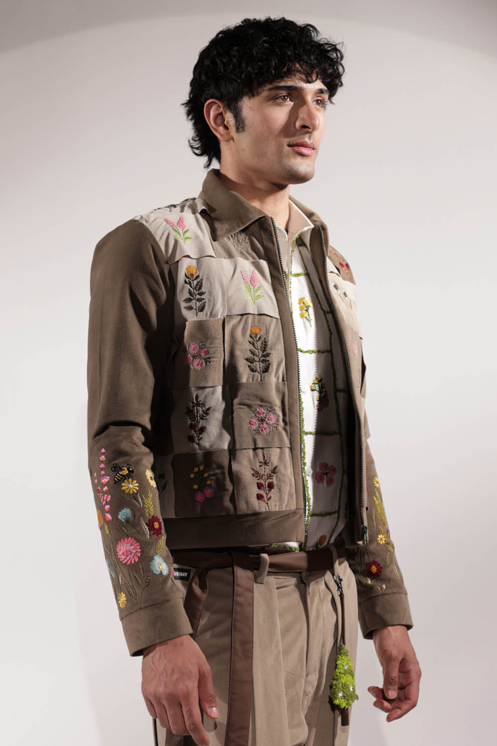 Woven Suede jacket with stamp-inspired floral embroidery