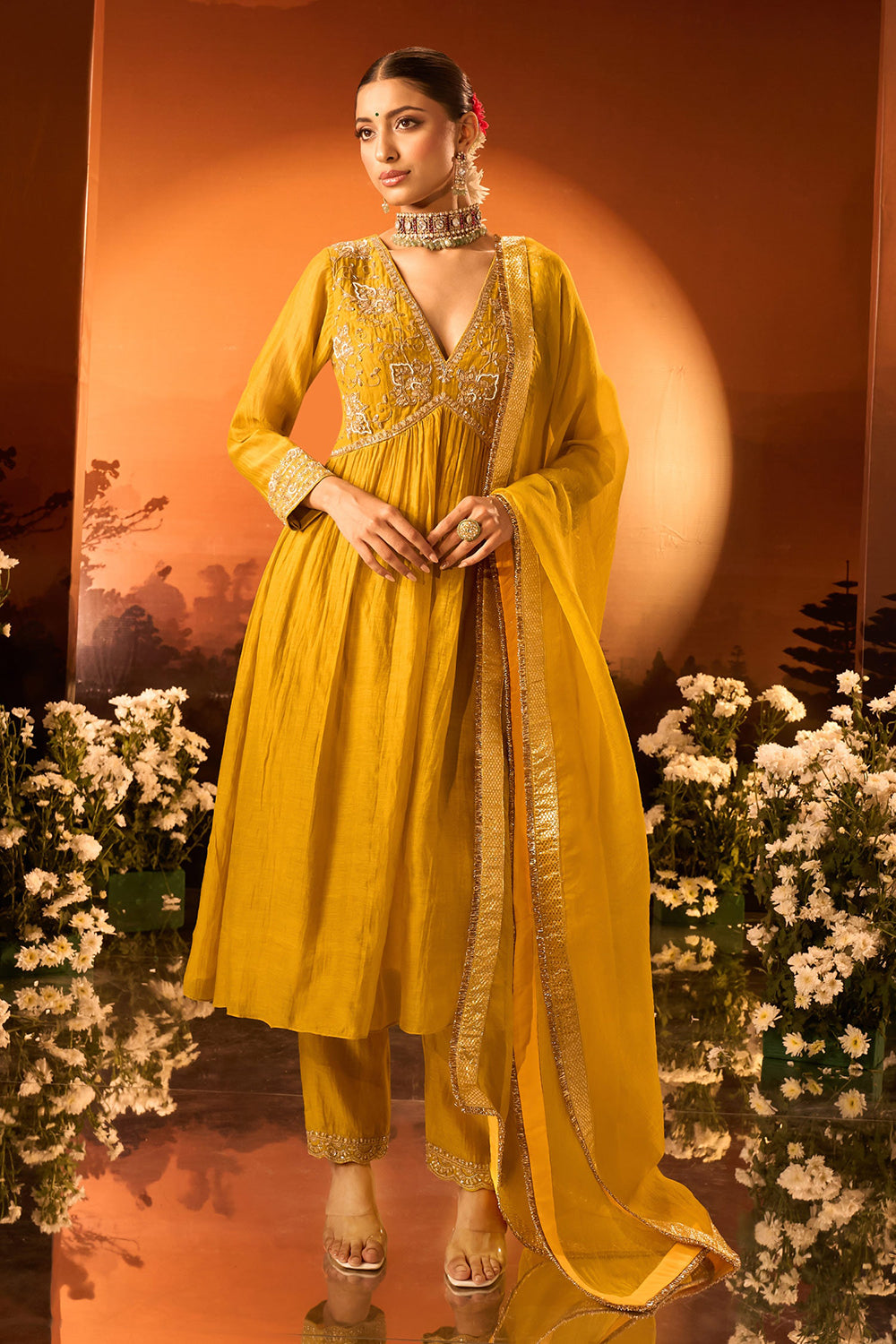 Yellow Anarkali Set With Pant And Dupatta
