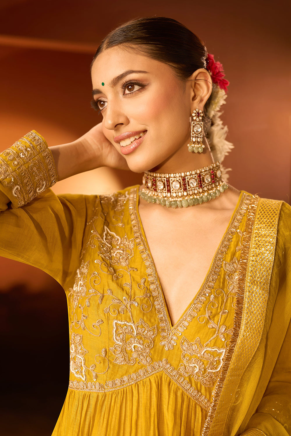 Yellow Anarkali Set With Pant And Dupatta