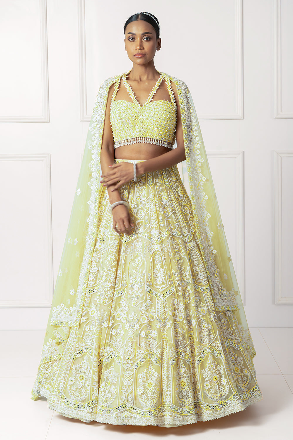 Yellow and ivory floral lehenga