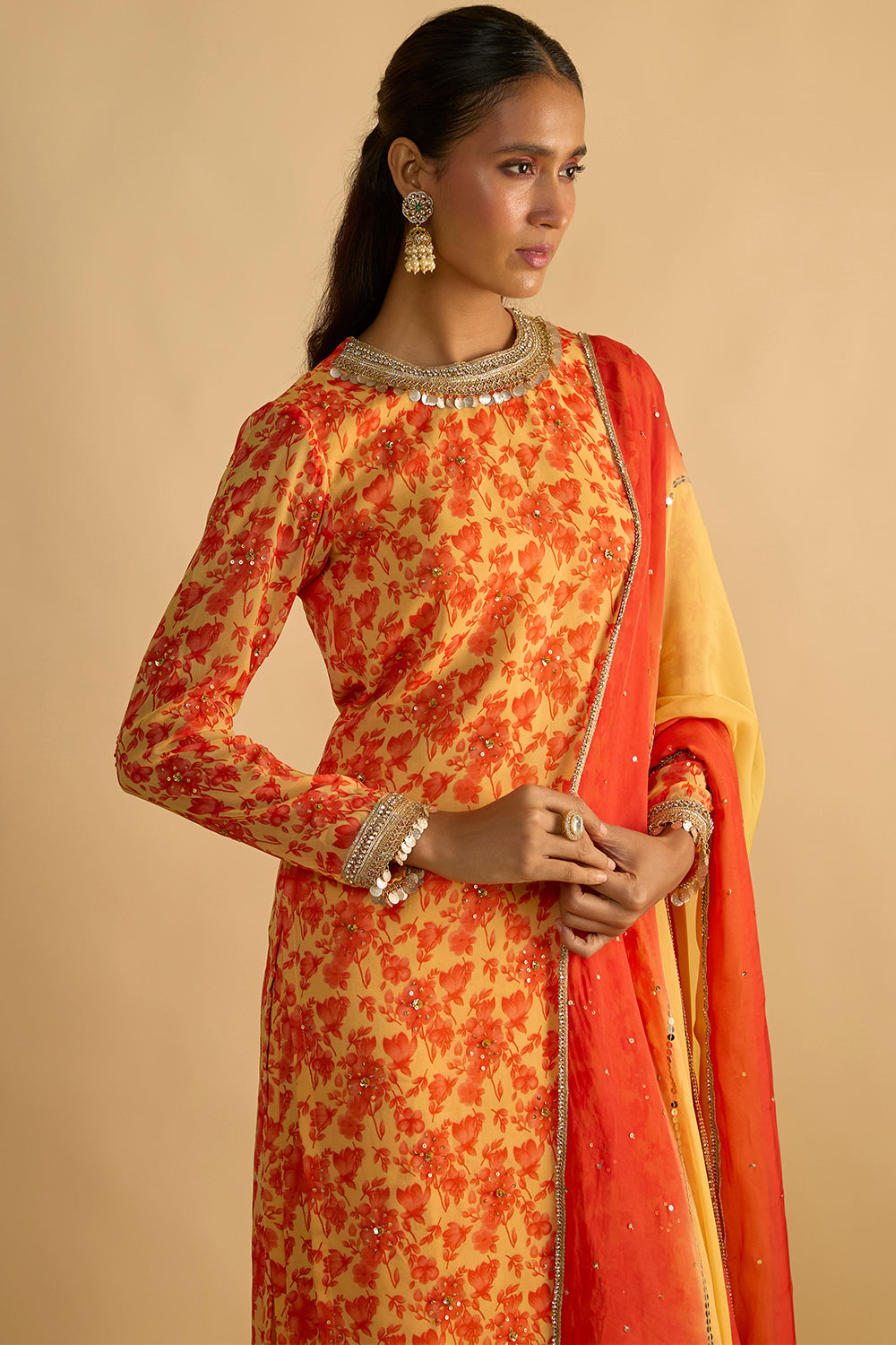Yellow and Orange Floral Printed Hand Embroidered Kurta Set in Georgette with Shaded Chitta work Organza Dupatta