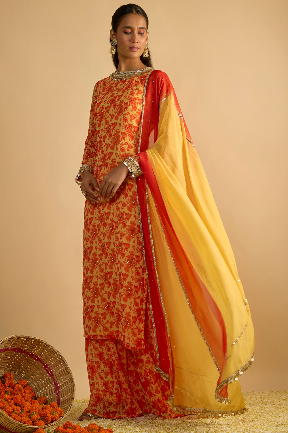 Yellow and Orange Floral Printed Hand Embroidered Palazzo Set in Georgette with Shaded Chitta work Organza Dupatta