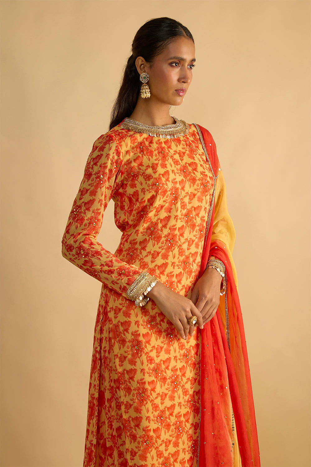 Yellow and Orange Floral Printed Hand Embroidered Palazzo Set in Georgette with Shaded Chitta work Organza Dupatta