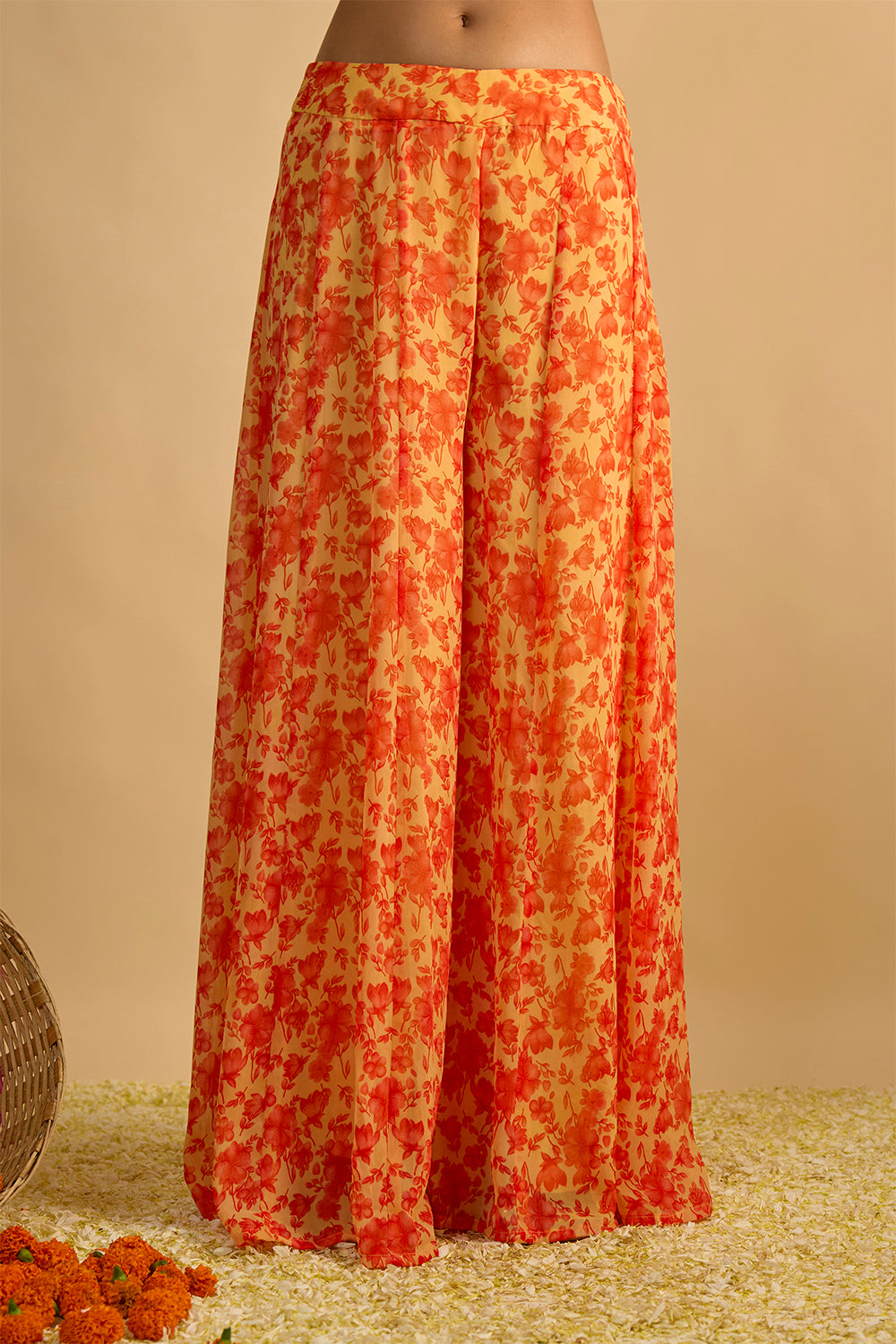 Yellow and Orange Floral Printed Hand Embroidered Palazzo Set in Georgette with Shaded Chitta work Organza Dupatta