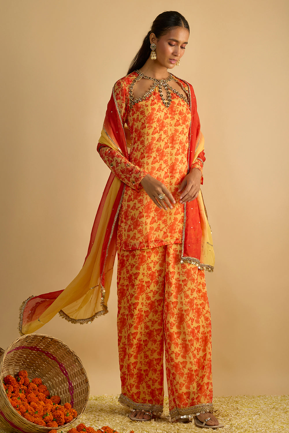 Yellow and Orange Floral Printed Hand Embroidered Short Kurta Set in Georgette with Shaded Chitta work Organza Dupatta