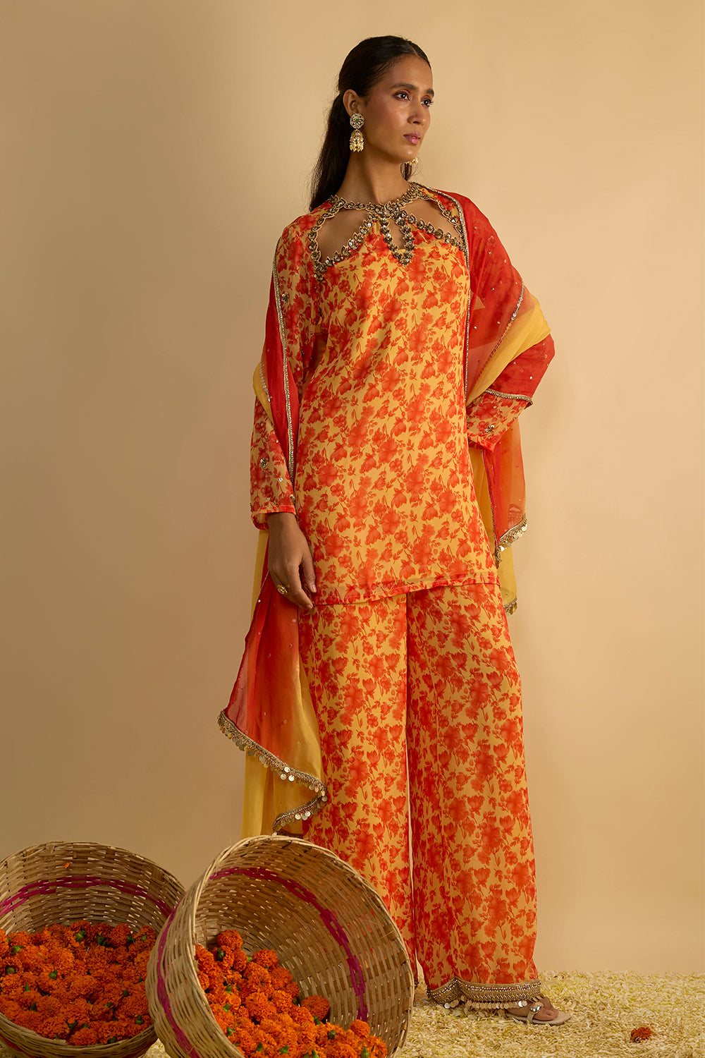 Yellow and Orange Floral Printed Hand Embroidered Short Kurta Set in Georgette with Shaded Chitta work Organza Dupatta