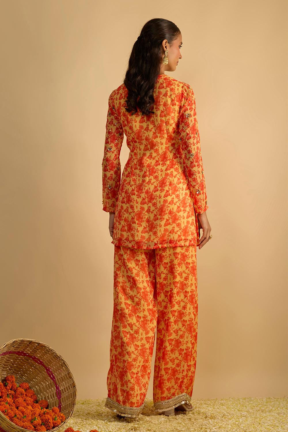 Yellow and Orange Floral Printed Hand Embroidered Short Kurta Set in Georgette with Shaded Chitta work Organza Dupatta