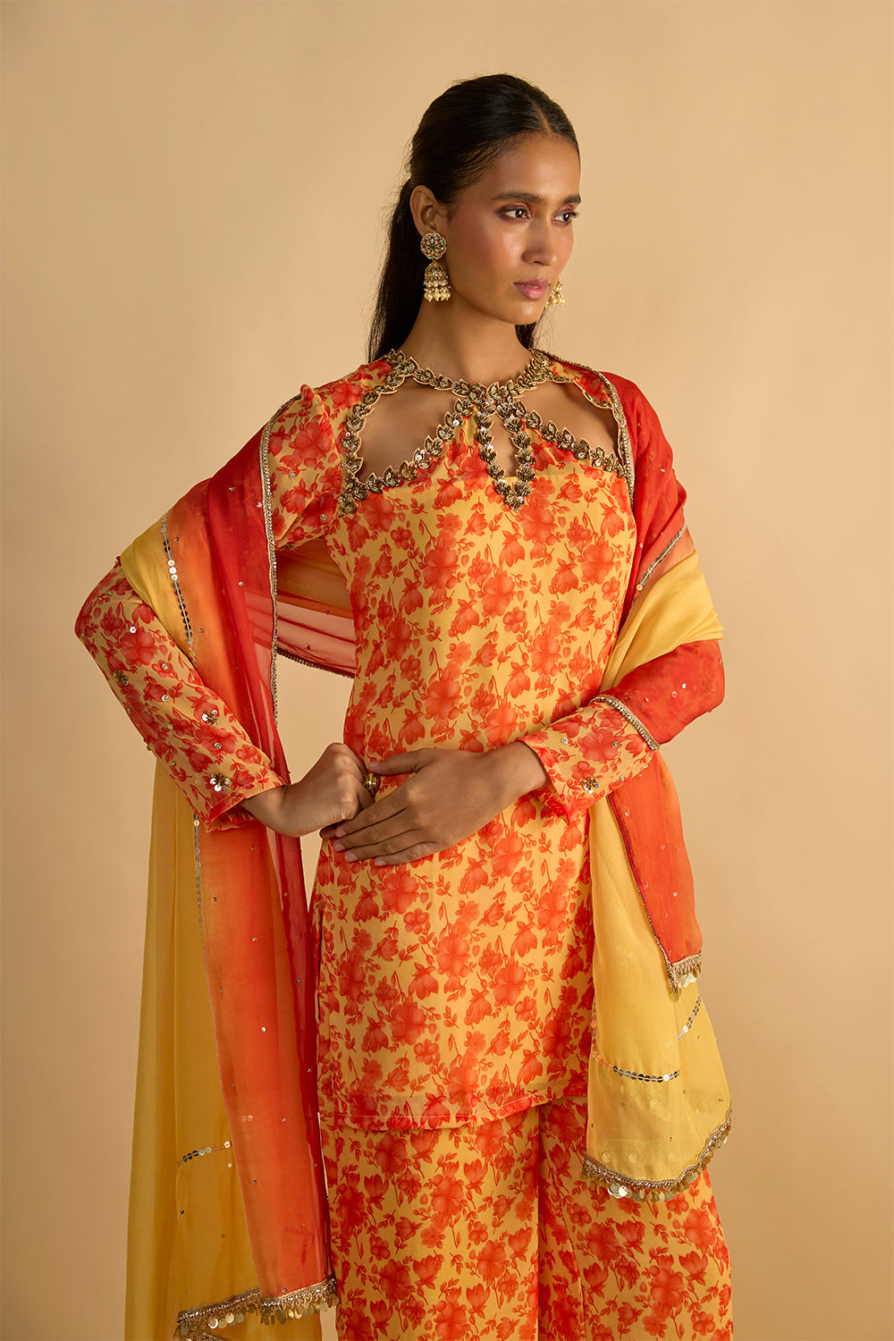 Yellow and Orange Floral Printed Hand Embroidered Short Kurta Set in Georgette with Shaded Chitta work Organza Dupatta