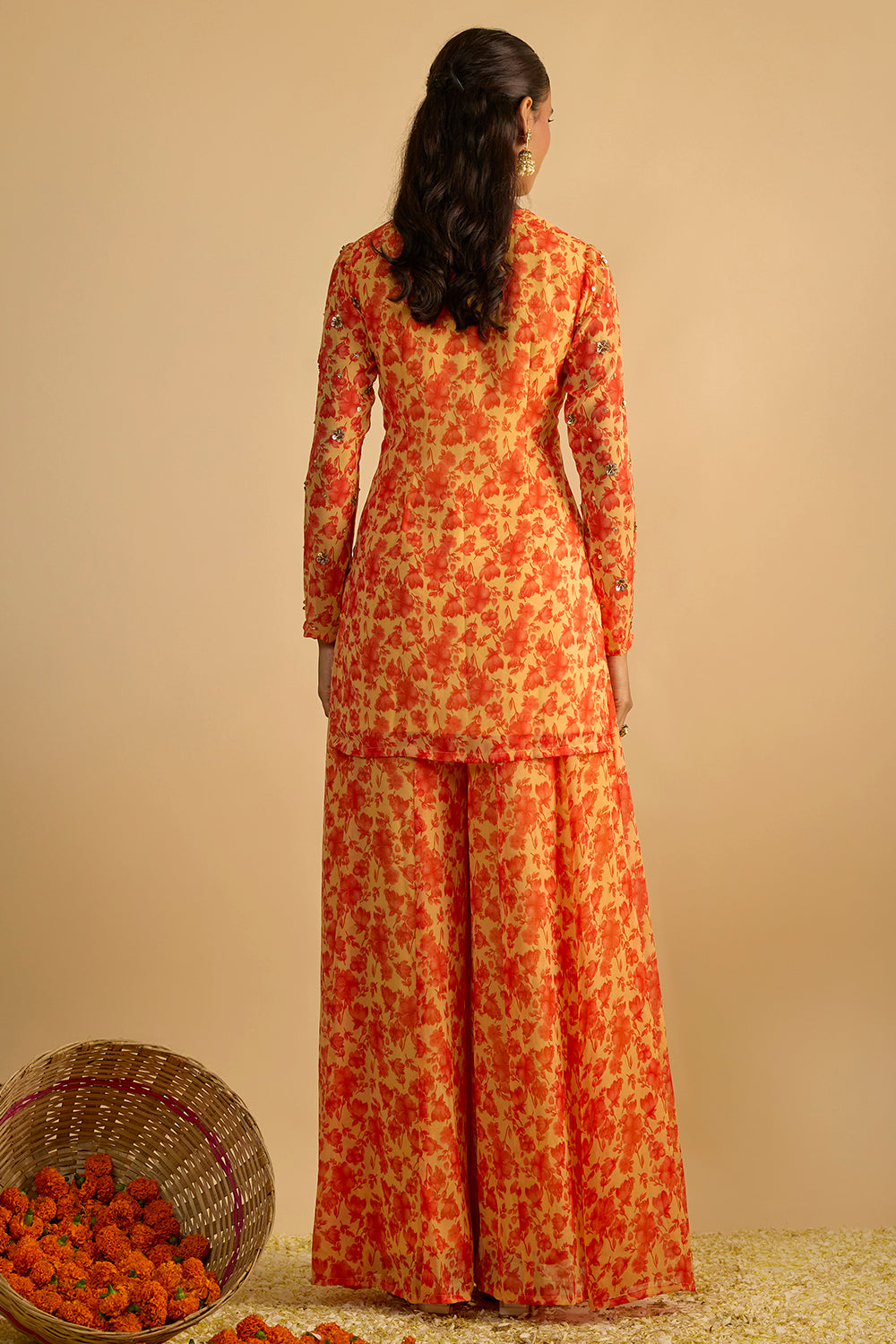 Yellow and Orange Floral Printed Hand Embroidered Short Kurta Set in Georgette with Shaded Chitta work Organza Dupatta