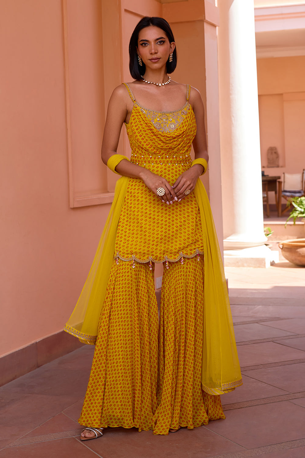 Yellow bandhani embroidered sharara set with dupatta