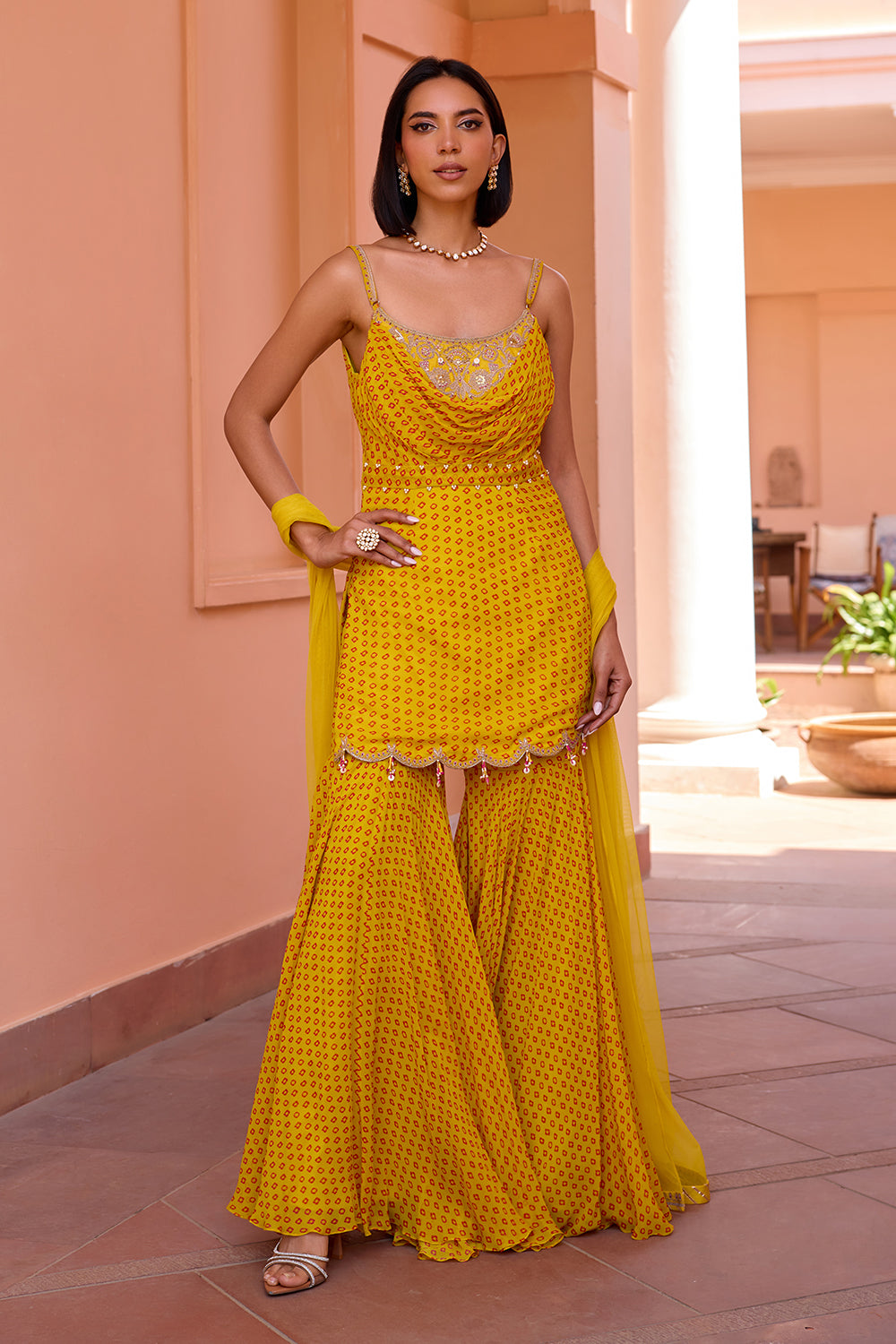 Yellow bandhani embroidered sharara set with dupatta
