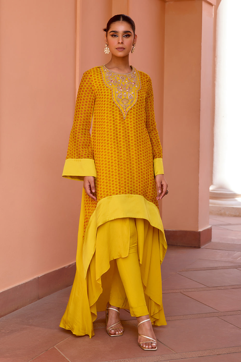 Yellow bandhani layered and embroidered kurta set with dupatta