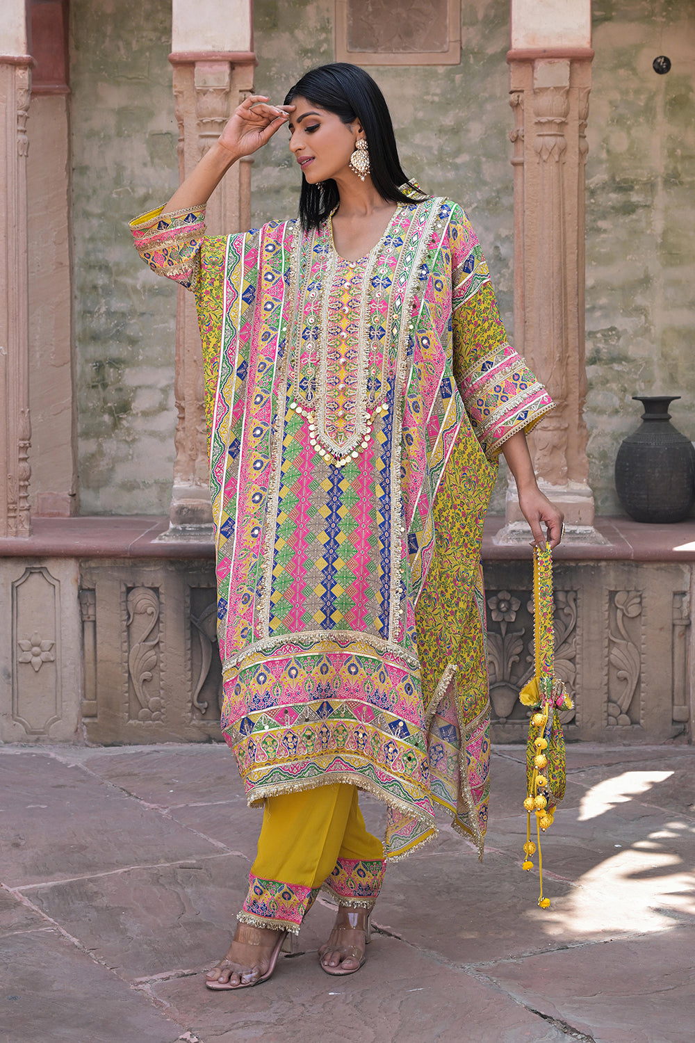 Yellow Crepe Kaftan Pant Set Designer Traditional Festive Look