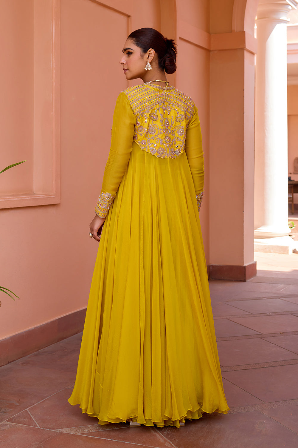 Yellow embroidered cape and sharara set with top