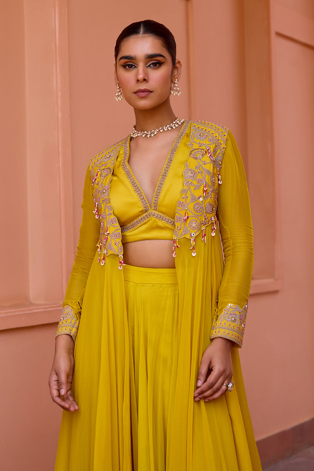 Yellow embroidered cape and sharara set with top