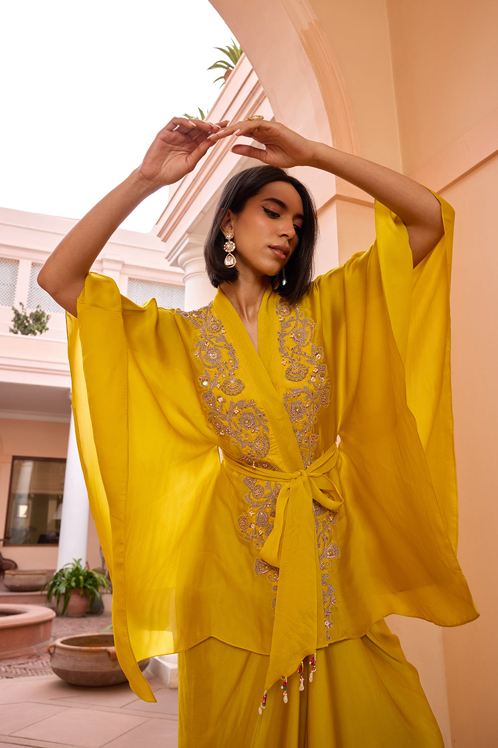 Yellow embroidered kaftan top with belt and bustier